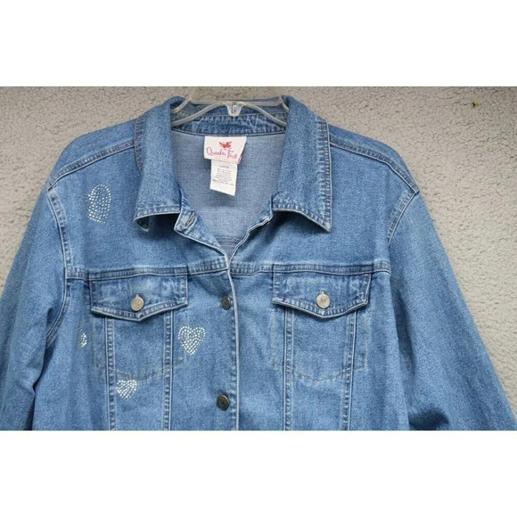 Quaker Factory Blue Denim Jean Jacket-Size Large-Rhinestone Hearts - Picture 2 of 10